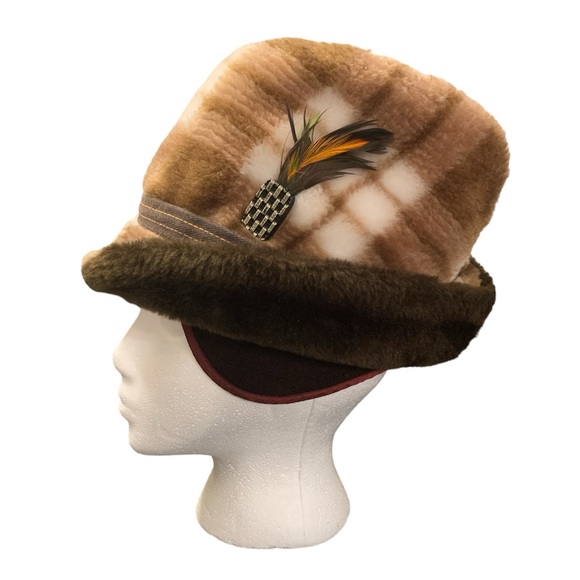 Vintage Faux Fur Brown and White Plaid Fedora Hat with Earflaps and Feather - Picture 1 of 8